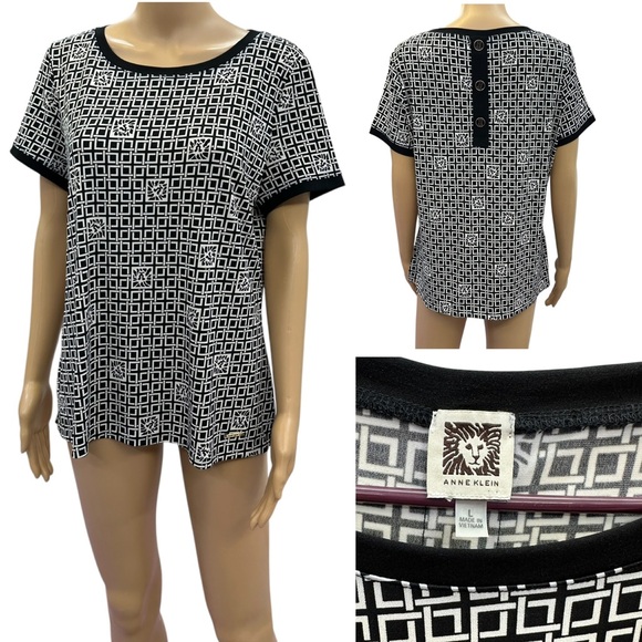Anne Klein Black White Printed Decorative Button Back Short Sleeve Top Womens L - Picture 1 of 14